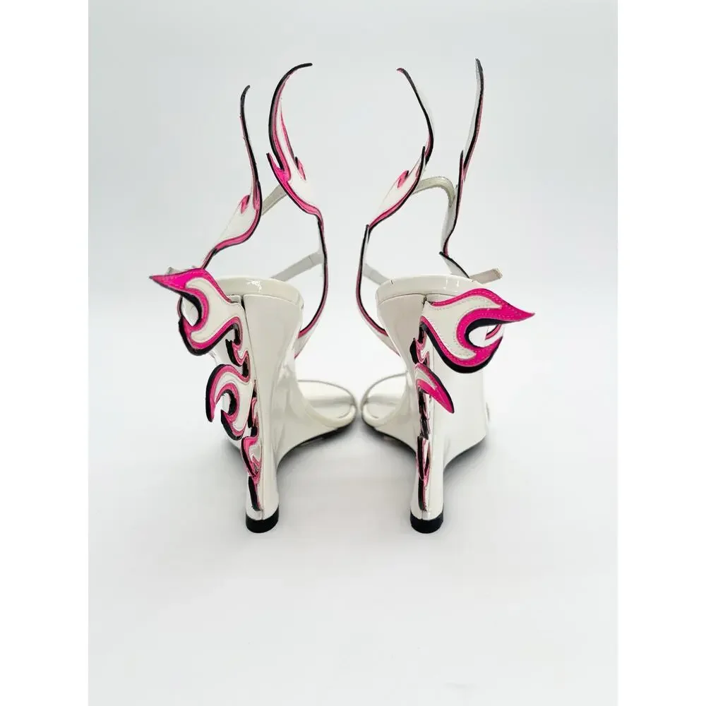 Prada Flame Wedge Sandals White Patent Neon Pink 2018 Reissue Hotrod Heels IT 38 - Picture 11 of 16